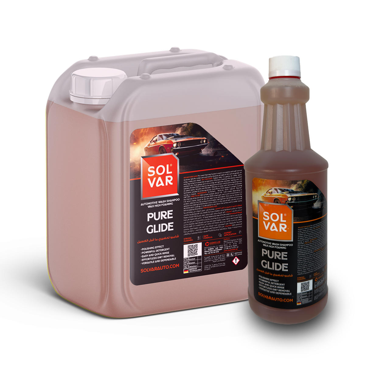 صورة منتج سولفار شامبو تحضيري ما قبل الغسيل مع رغوة كثيفة على سطح سيارة نظيفة.